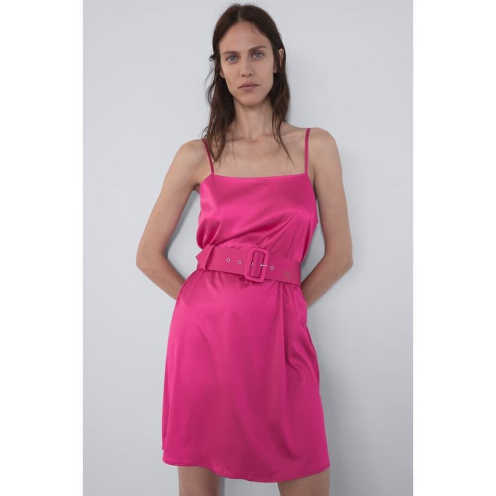 NEW Zara Satin Effect Belted Mini Dress in Hot Pink Barbiecore